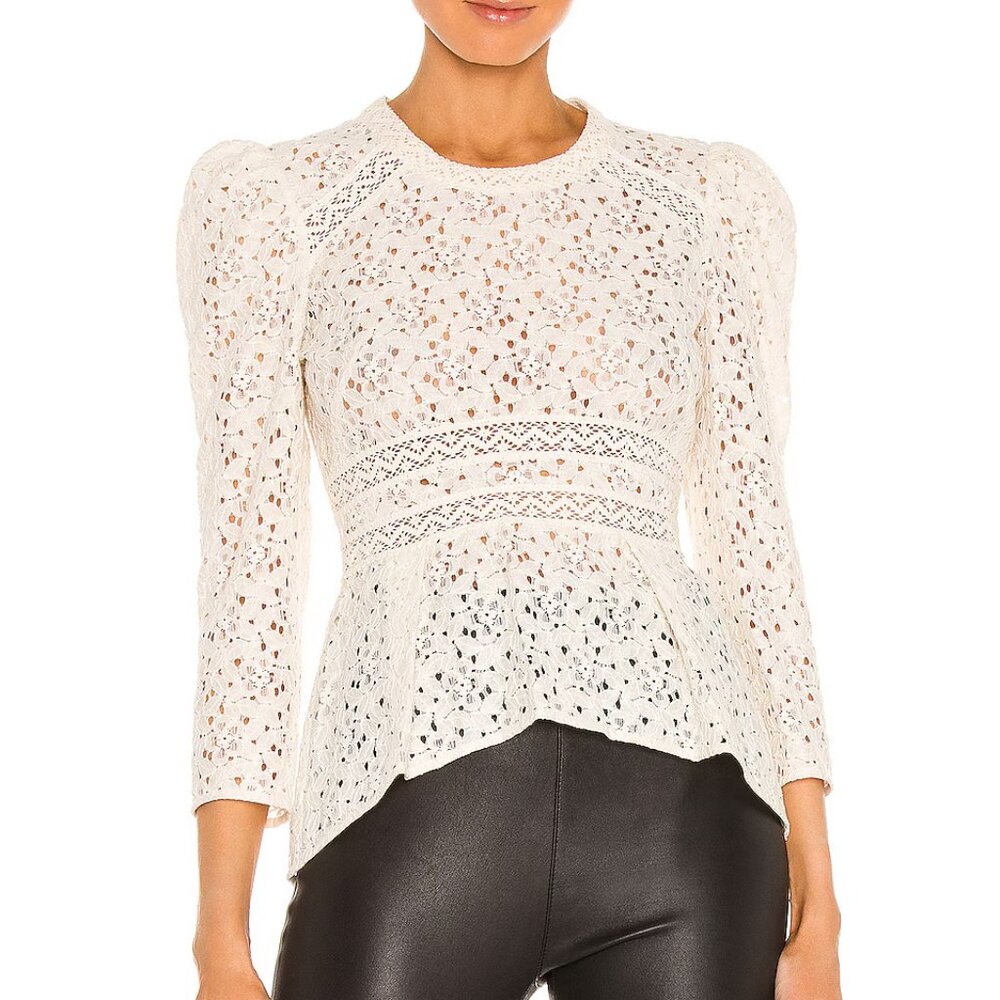 Veronica Beard Cream Crochet Lace Puff-Sleeve Peplum Top